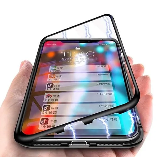 iPhone XR Magnetic Absorption Metal Case With Tempered Glass Back - Image 1