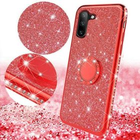 For Samsung A405 Galaxy A40 Thin Clear Gel Case With Diamond, Glitter & Ring - Red