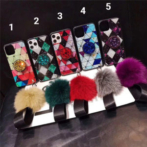 iPhone Marble Diamond Crystal Case With Pop Stand & Strap Pom Pom