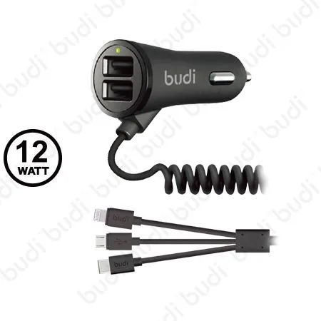 budi Twin USB Port Car Charger With 3in1 Cable