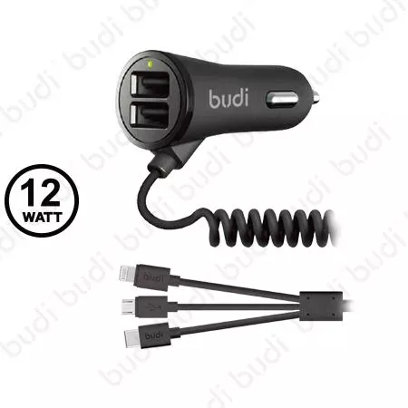 budi Twin USB Port Car Charger With 3in1 Cable
