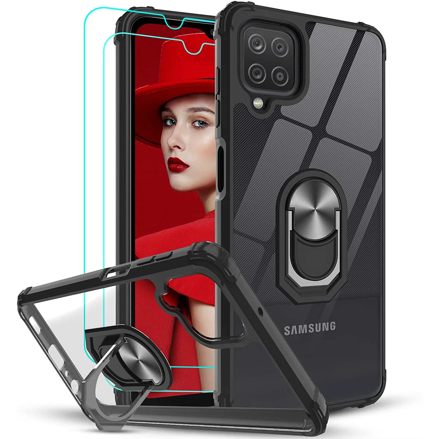 a12clearhybridmain.jpg Samsung Galaxy A12 5G Crystal Clear Ring Holder Military Grade Protective Shockproof Tough Silicone Case