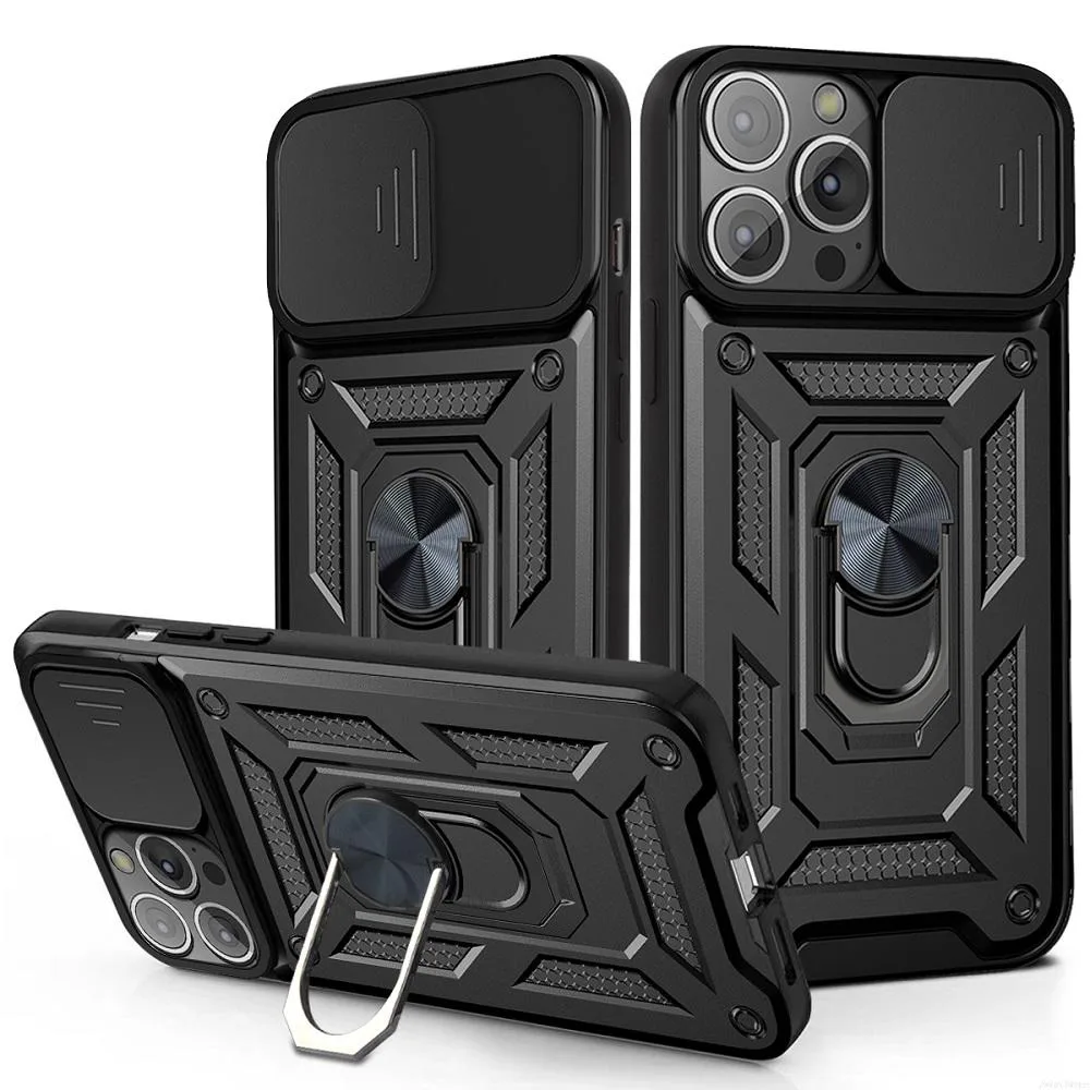 blackwindowcase.jpeg Hybrid Dual-Layer Armor Case Magnetic Ring Stand Camera Slide Cover For iPhone 13 Series - Image 1