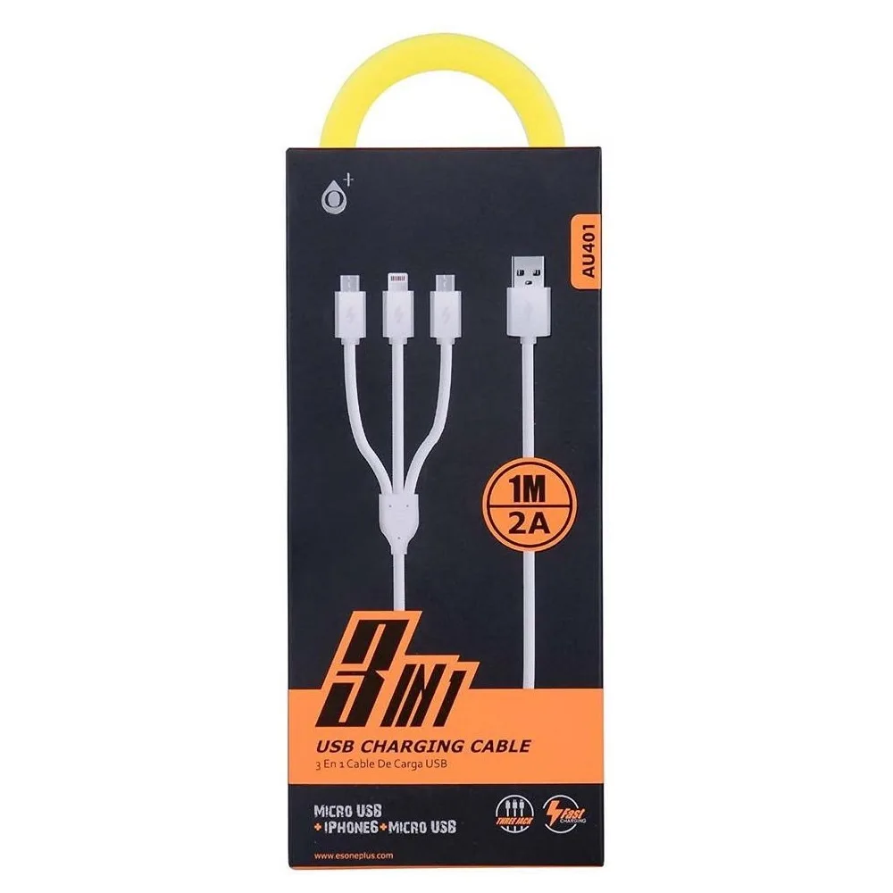 au401.jpg 3 in 1 USB 2A Fast Charging 1 Metre Charge / Data Sync Cable AU401 – Retail Packed - Image 1