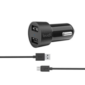 budi 4.8A Twin USB Port Car Charger With Micro USB Cable - Black