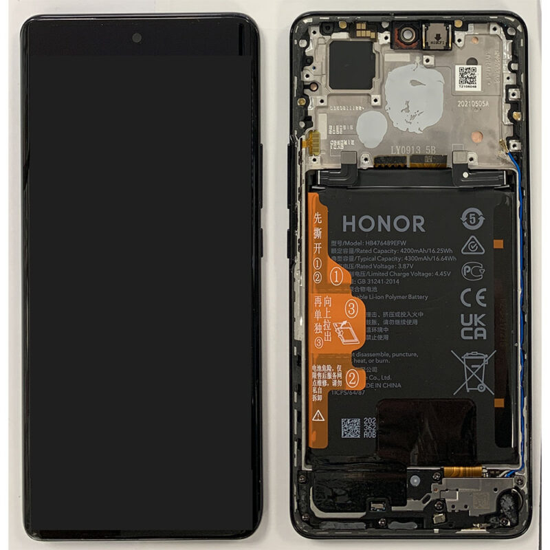 OEM Original LCD Screen & Touch Digitiser With Frame & Battery for Honor 50. Complete part in Grade A condition. Includes battery, earpiece and power / volume button flex cable.