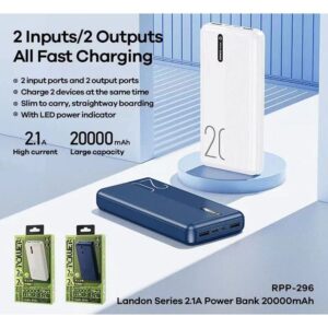 REMAX RPP-296 Landon Series 20000mAh Portable Power Bank Charger - White