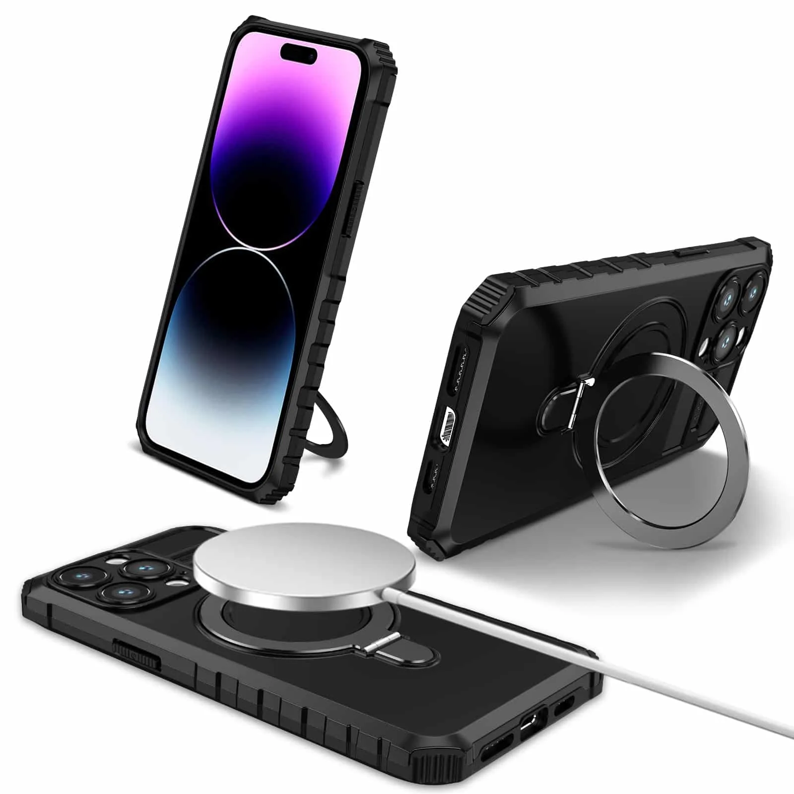 1-18 For iPhone Magnetic Charging Hybrid Armor Case With Stand