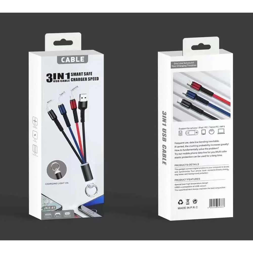 3in1usb 3in1 Braided USB Data Cable With Keyring & LED Light