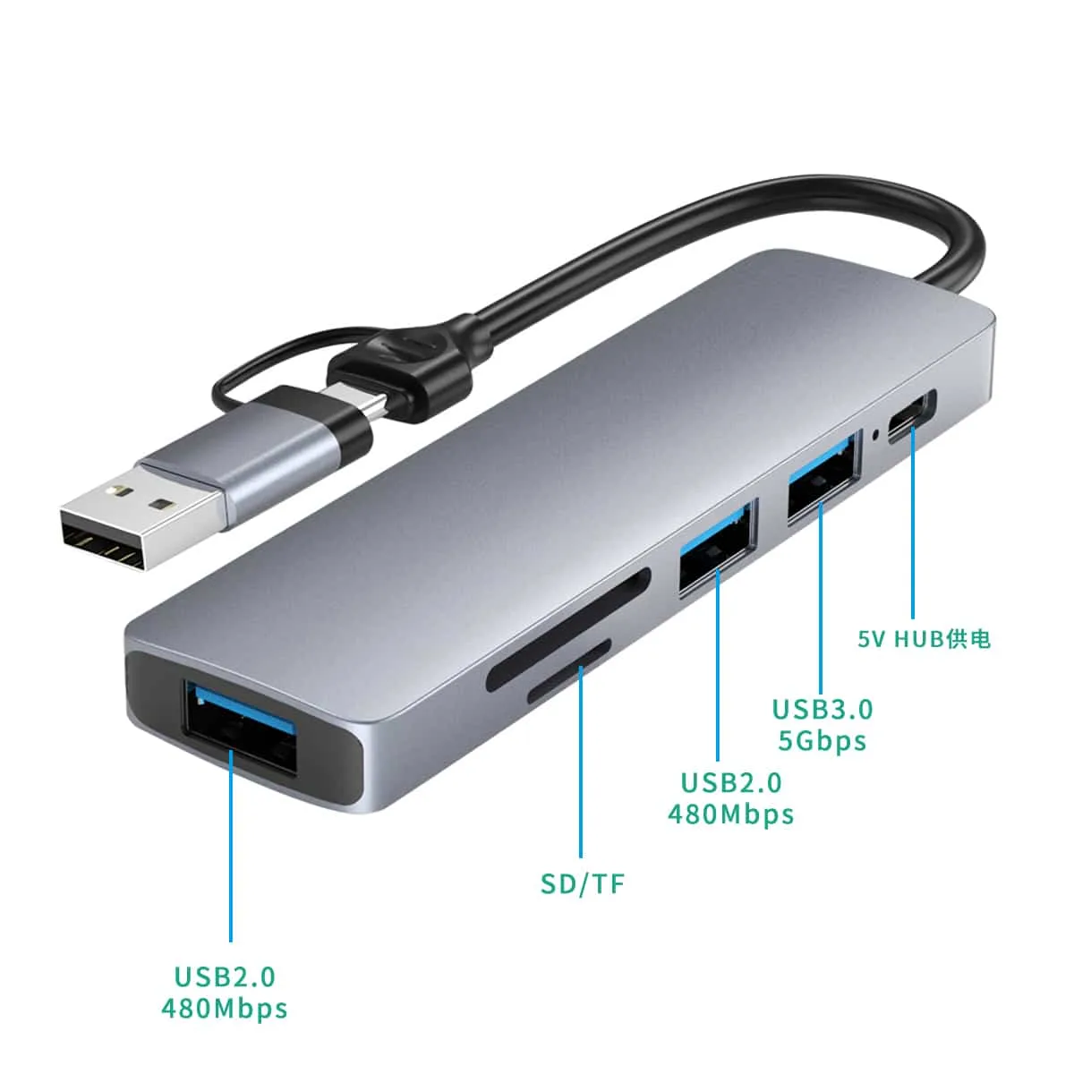 HC-13FL-7 Airsky 6in1 USB-C USB-A Docking Station Hub Memory Card Reader