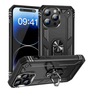 For iPhone 15 Pro Hybrid Dual-Layer Armour Case With Magnetic Ring Stand - Black