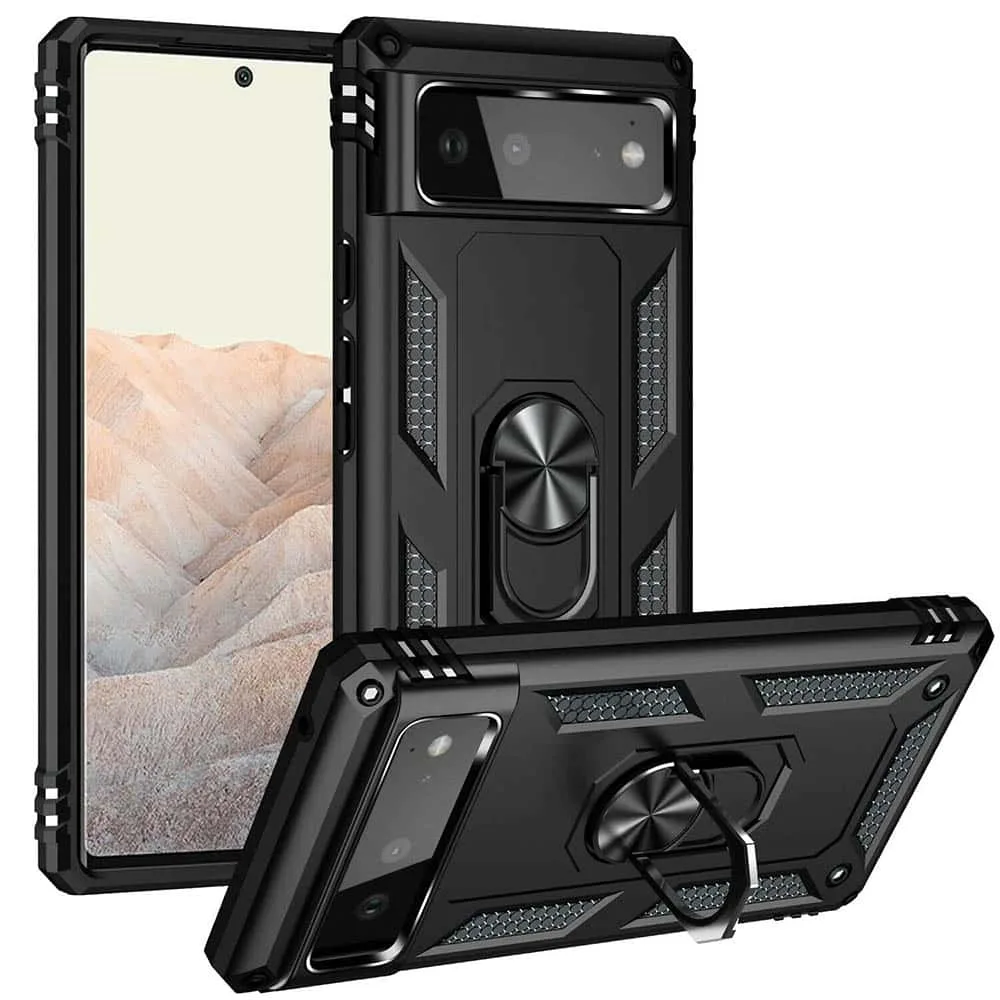 pixel8proring For Google Pixel 8 Pro Hybrid Dual-Layer Armour Case With Magnetic Ring Stand - Black