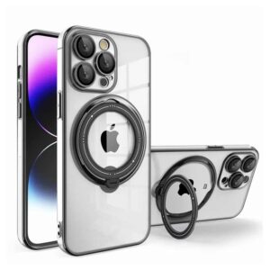 For iPhone 15 All Models Electro Plated Magnetic Charging Ring Stand PC TPU Case