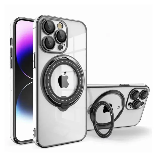 For iPhone 15 All Models Electro Plated Magnetic Charging Ring Stand PC TPU Case