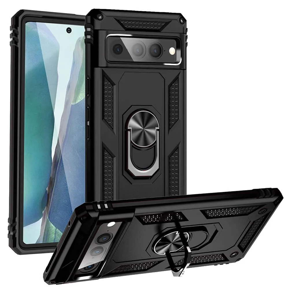 pixel6aring For Google Pixel 6A Hybrid Dual-Layer Armour Case With Magnetic Ring Stand - Black
