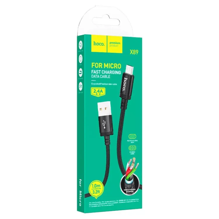 Hoco Nylon Braided 2.4A Micro USB Fast Charge / Sync Cable - Black