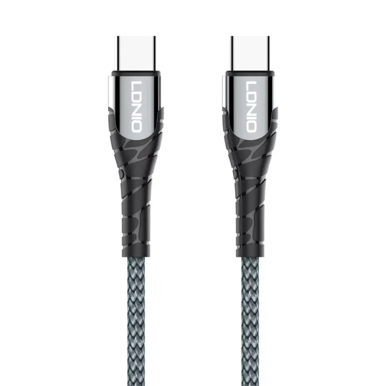 LDNIO 2 Metre 2M Nylon Braided 65W PD USB-C To USB-C Fast Charge / Sync Cable - Grey