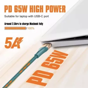 LDNIO 2 Metre 2M Nylon Braided 65W PD USB-C To USB-C Fast Charge / Sync Cable - Green