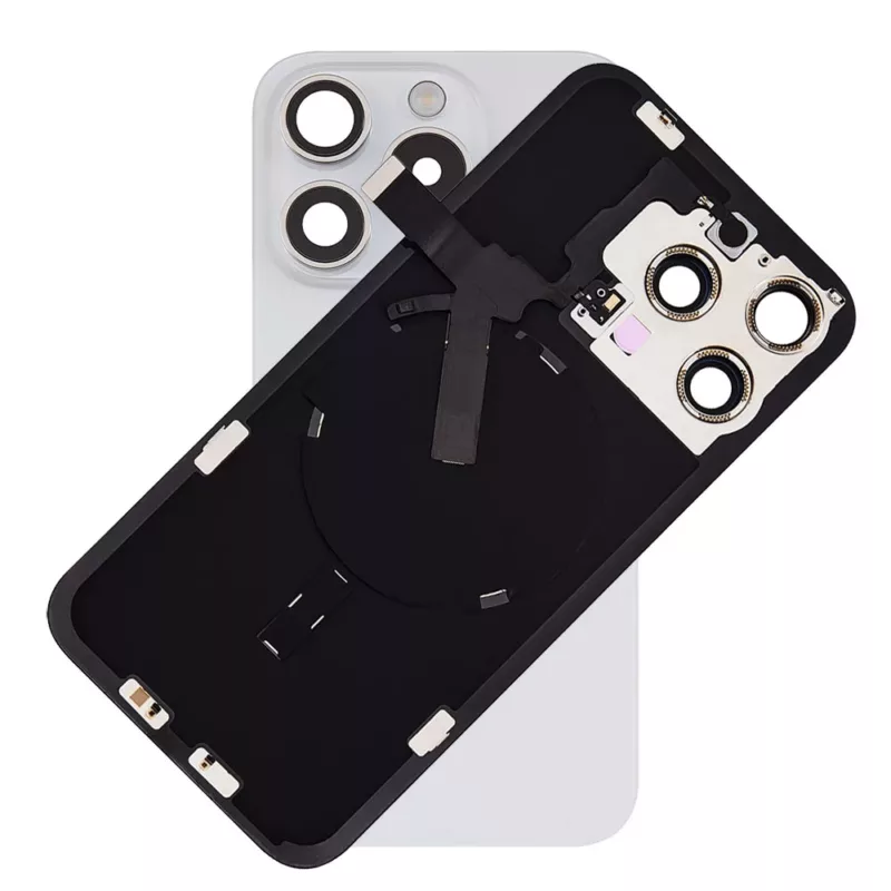 For iPhone 15 Pro Max Rear Back Glass Battery Cover With NFC Flex, Frame & Magnets – White