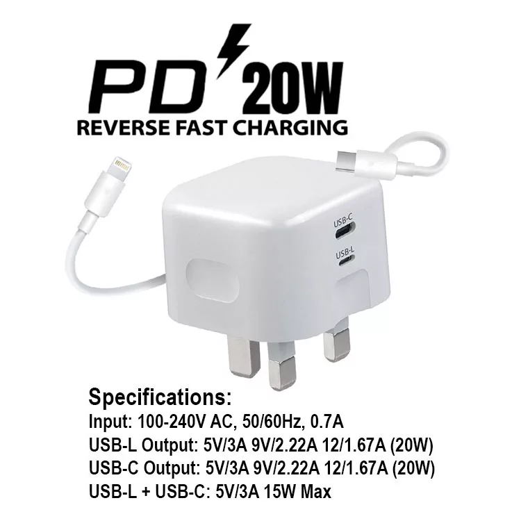 ANG USB-C Lightning Reversible PD 20W Fast Charger With Cable - Image 2