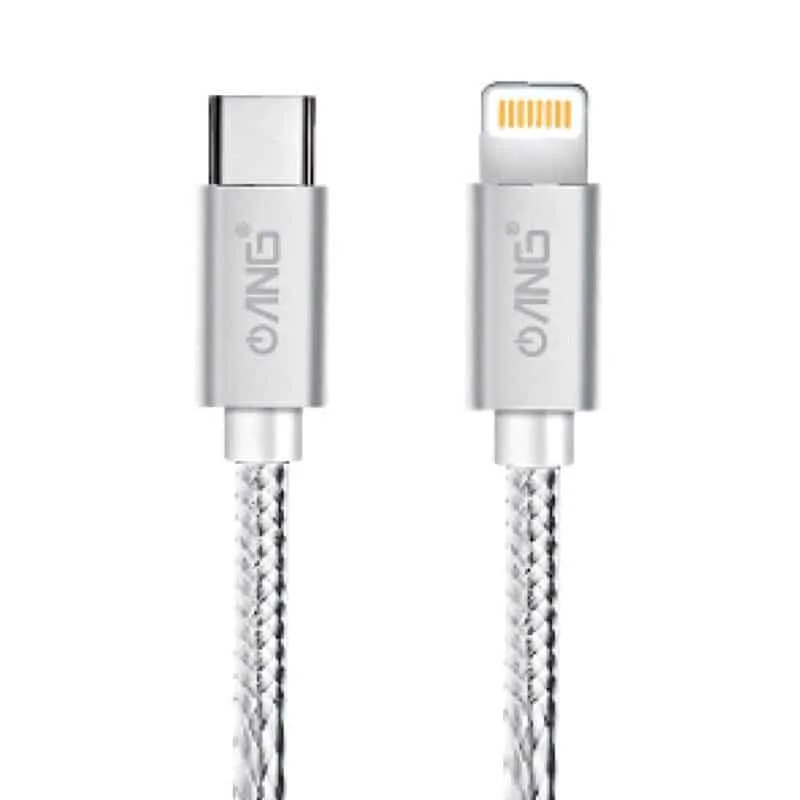 ANG Nylon Braided USB-C Lightning 1M PD 20W USB Fast Charge / Sync Cable - Silver - Image 1