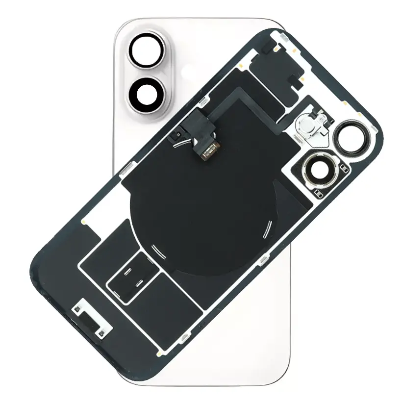 For iPhone 16 Plus Rear Back Glass Battery Cover With NFC Flex, Frame & Magnets – White For iPhone 16 Plus Rear Back Glass Battery Cover With NFC Flex, Frame & Magnets – White
