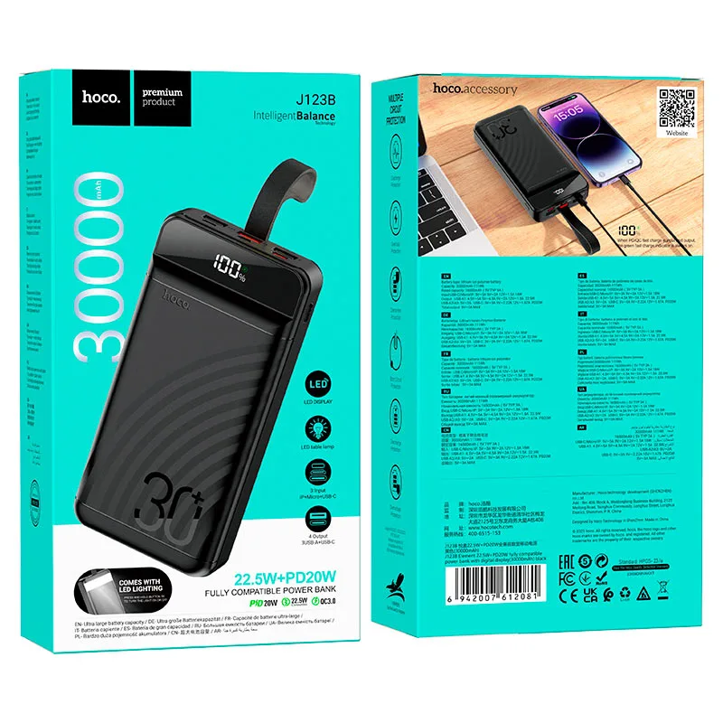 Hoco 30000mAh PD QC3.0 22.5W Large Capacity Fast Charging Power Bank Charger - Black - Image 3