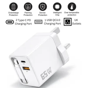 ANG PD65W GaN Twin Port USB-C 3 Pin Wall Charger Adapter With Built-In USB-C Retractable Cable