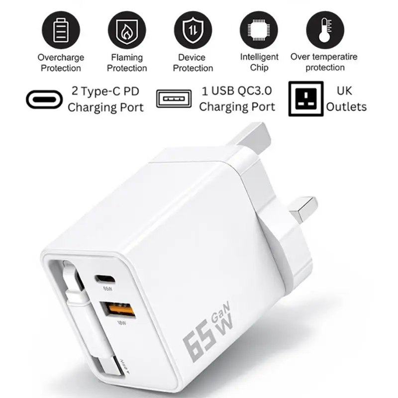 ANG PD65W GaN Twin Port USB-C 3 Pin Wall Charger Adapter With Built-In USB-C Retractable Cable