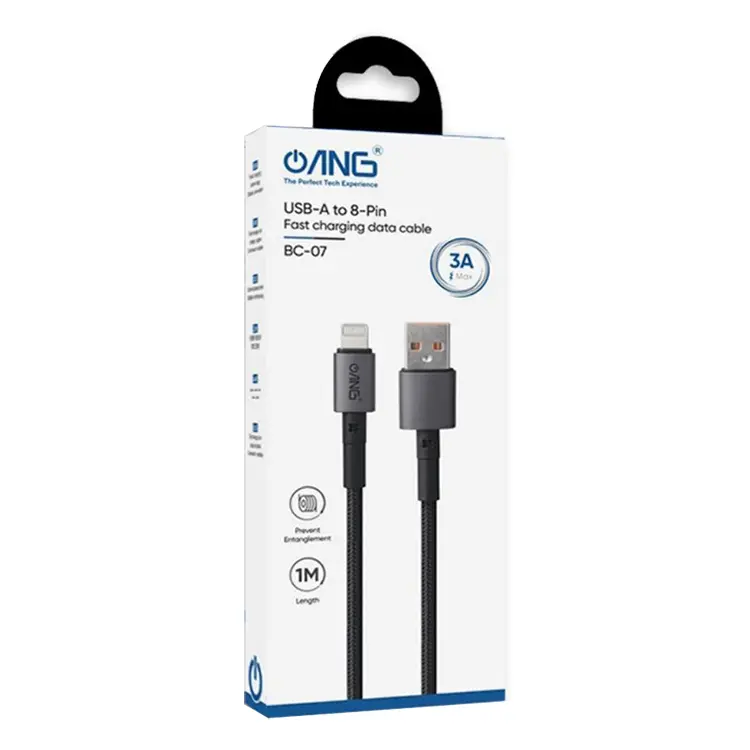 ANG Nylon Braided USB-A To Lignting 1M 3A USB Fast Charge / Sync Cable - Black
